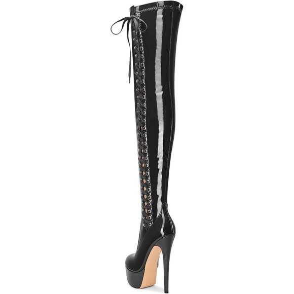 Womens Black Over The Knee Patent Leather Thigh High Zipper High Heel Boots - Picture 5 of 6